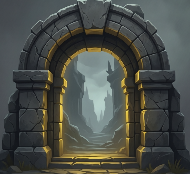 Arco di pietra nella nebbia illuminato